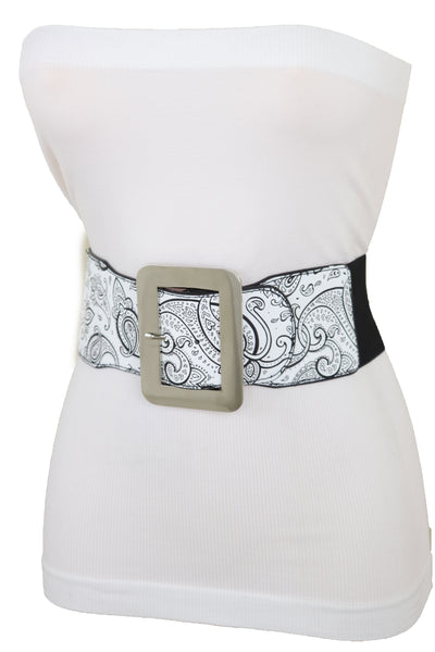 Brand New Women Wide White Elastic High Waist Hip Fashion Belt Black Paisley Print Fit S M