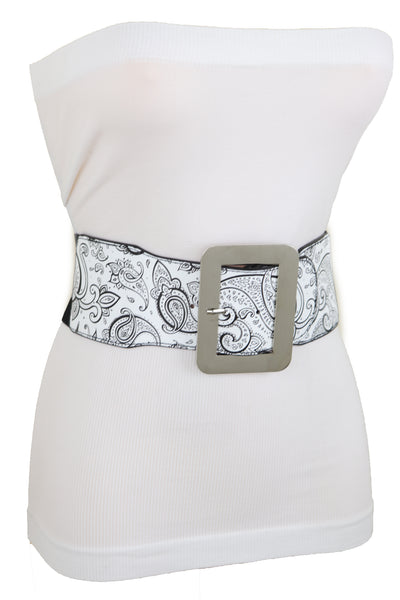 Brand New Women Wide White Elastic High Waist Hip Fashion Belt Black Paisley Print Fit S M
