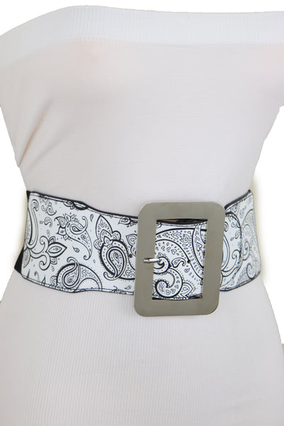 Brand New Women Wide White Elastic High Waist Hip Fashion Belt Black Paisley Print Fit S M