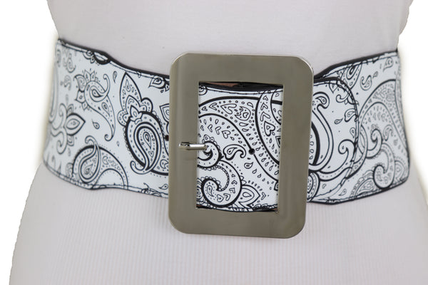 Brand New Women Wide White Elastic High Waist Hip Fashion Belt Black Paisley Print Fit S M