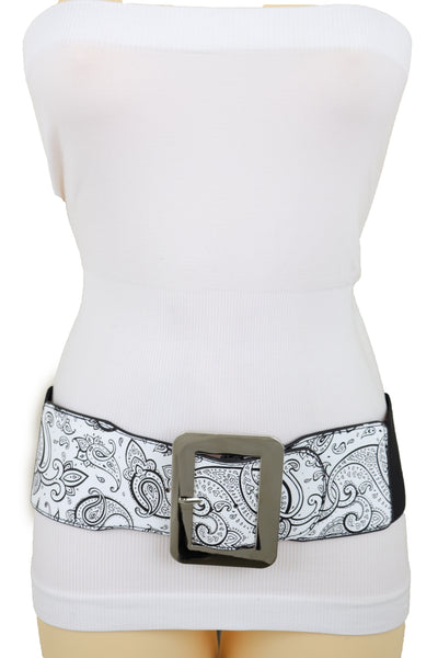 Brand New Women Wide White Elastic High Waist Hip Fashion Belt Black Paisley Print Fit S M