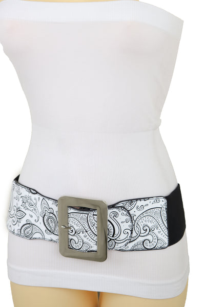 Brand New Women Wide White Elastic High Waist Hip Fashion Belt Black Paisley Print Fit S M
