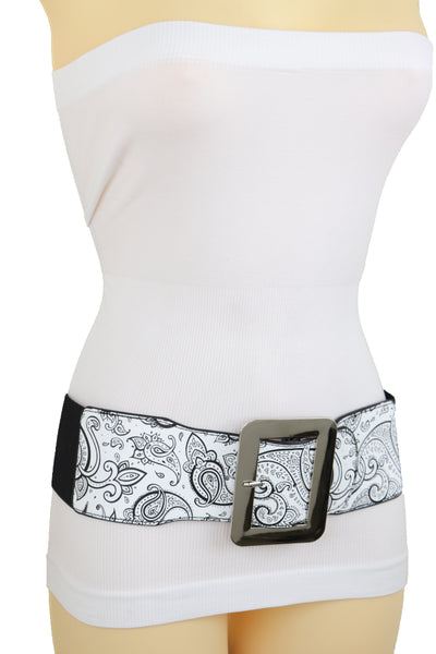 Brand New Women Wide White Elastic High Waist Hip Fashion Belt Black Paisley Print Fit S M