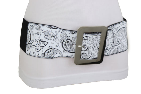 Brand New Women Wide White Elastic High Waist Hip Fashion Belt Black Paisley Print Fit S M