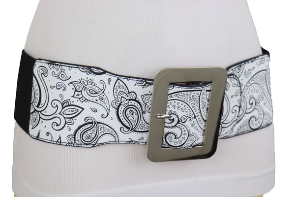 Brand New Women Wide White Elastic High Waist Hip Fashion Belt Black Paisley Print Fit S M