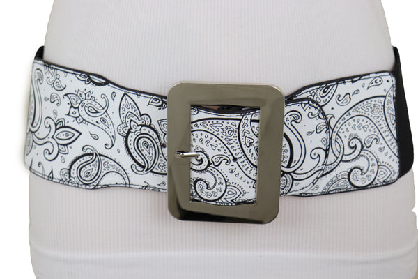 Brand New Women Wide White Elastic High Waist Hip Fashion Belt Black Paisley Print Fit S M