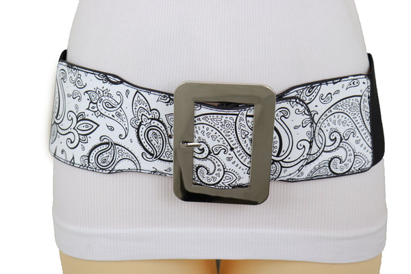 Brand New Women Wide White Elastic High Waist Hip Fashion Belt Black Paisley Print Fit S M