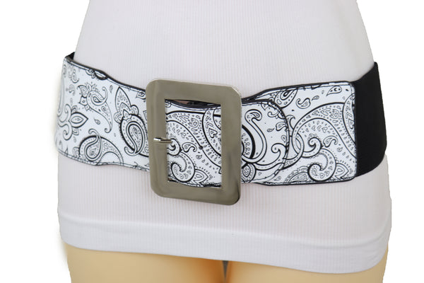 Brand New Women Wide White Elastic High Waist Hip Fashion Belt Black Paisley Print Fit S M