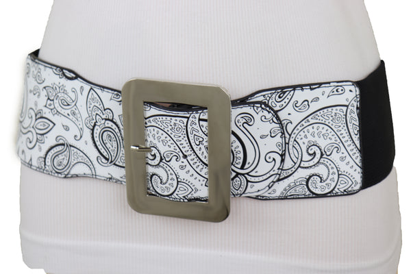 Brand New Women Wide White Elastic High Waist Hip Fashion Belt Black Paisley Print Fit S M