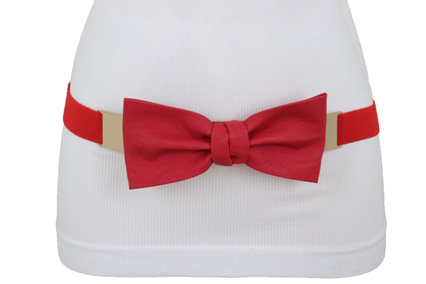 Brand New Women Fashion Belt Gold Plate Elastic Band Red Faux Leather Bow Tie Buckle S M L