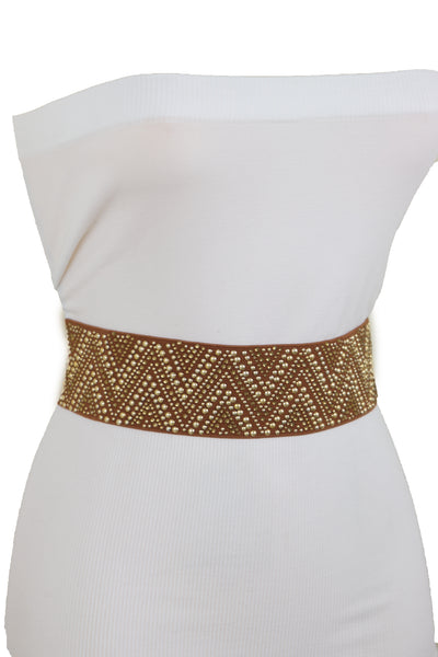 Brand New Women Brown Fashion Elastic Fabric Waistband Belt Gold Studs Hip High Waist S M