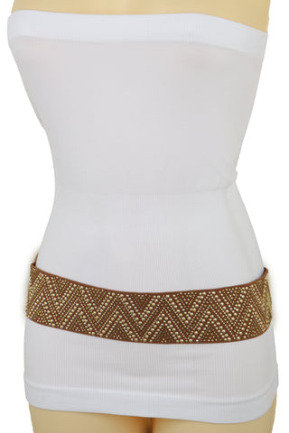 Brand New Women Brown Fashion Elastic Fabric Waistband Belt Gold Studs Hip High Waist S M