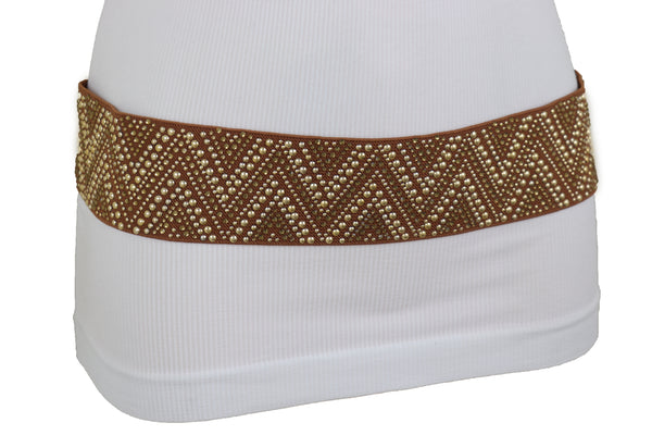 Brand New Women Brown Fashion Elastic Fabric Waistband Belt Gold Studs Hip High Waist S M