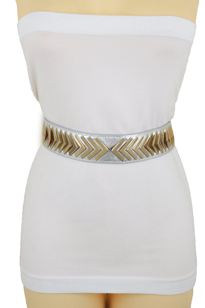 Brand New Women Silver Faux Leather Elastic Band Fashion Tie Belt Gold Metal Arrows S M