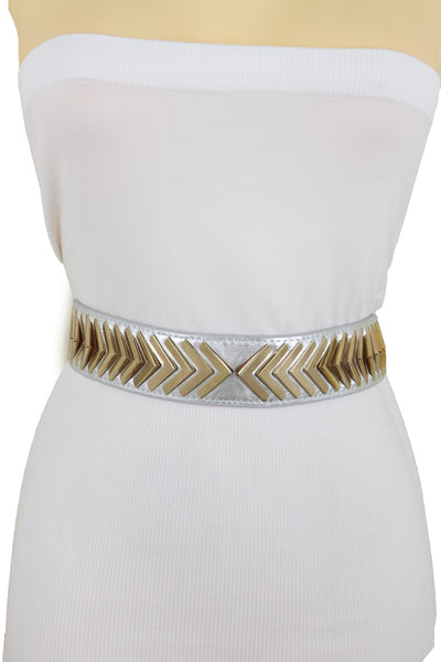 Brand New Women Silver Faux Leather Elastic Band Fashion Tie Belt Gold Metal Arrows S M