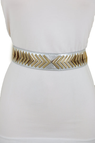 Brand New Women Silver Faux Leather Elastic Band Fashion Tie Belt Gold Metal Arrows S M