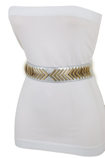 Brand New Women Silver Faux Leather Elastic Band Fashion Tie Belt Gold Metal Arrows S M