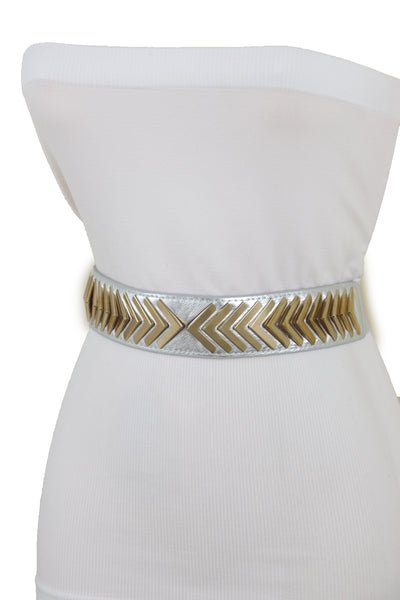 Brand New Women Silver Faux Leather Elastic Band Fashion Tie Belt Gold Metal Arrows S M