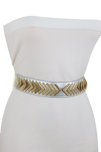 Brand New Women Silver Faux Leather Elastic Band Fashion Tie Belt Gold Metal Arrows S M