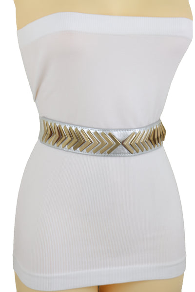Brand New Women Silver Faux Leather Elastic Band Fashion Tie Belt Gold Metal Arrows S M