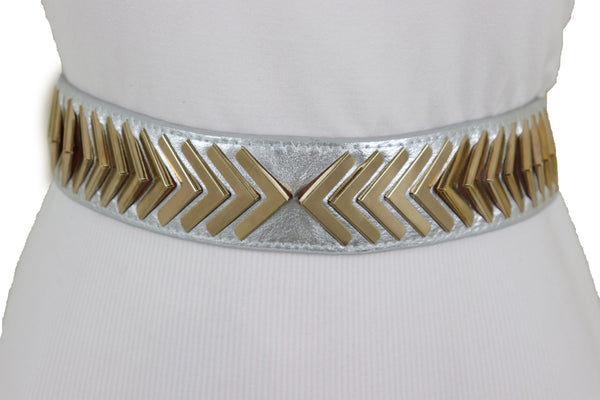 Brand New Women Silver Faux Leather Elastic Band Fashion Tie Belt Gold Metal Arrows S M