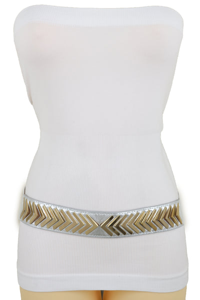 Brand New Women Silver Faux Leather Elastic Band Fashion Tie Belt Gold Metal Arrows S M