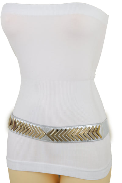 Brand New Women Silver Faux Leather Elastic Band Fashion Tie Belt Gold Metal Arrows S M