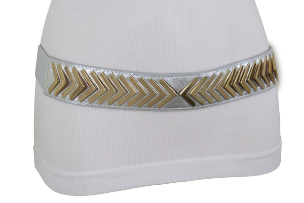 Brand New Women Silver Faux Leather Elastic Band Fashion Tie Belt Gold Metal Arrows S M