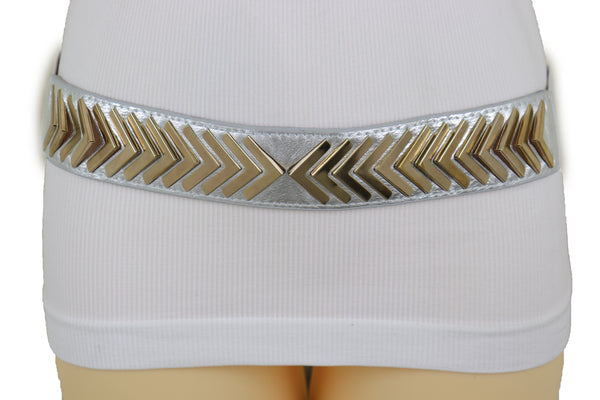 Brand New Women Silver Faux Leather Elastic Band Fashion Tie Belt Gold Metal Arrows S M