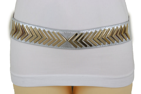 Brand New Women Silver Faux Leather Elastic Band Fashion Tie Belt Gold Metal Arrows S M