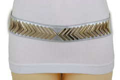Silver Faux Leather Elastic Band Fashion Tie Belt Gold Metal Arrows S M