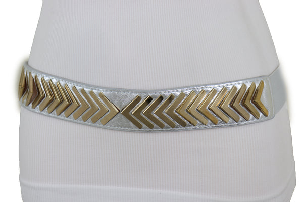 Brand New Women Silver Faux Leather Elastic Band Fashion Tie Belt Gold Metal Arrows S M