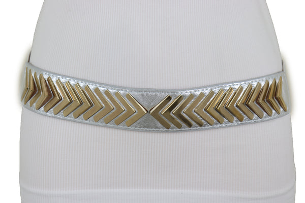 Brand New Women Silver Faux Leather Elastic Band Fashion Tie Belt Gold Metal Arrows S M