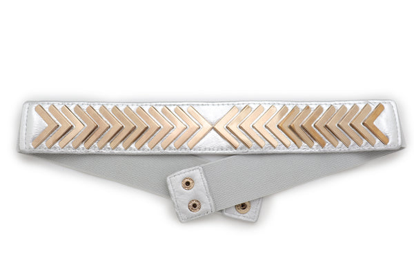 Brand New Women Silver Faux Leather Elastic Band Fashion Tie Belt Gold Metal Arrows S M