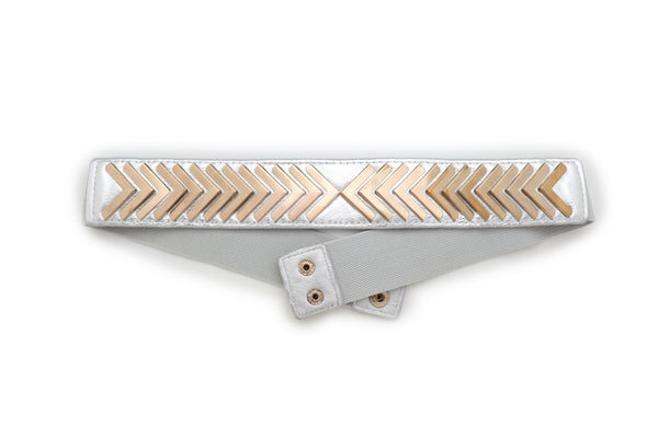 Brand New Women Silver Faux Leather Elastic Band Fashion Tie Belt Gold Metal Arrows S M