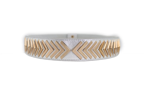 Brand New Women Silver Faux Leather Elastic Band Fashion Tie Belt Gold Metal Arrows S M