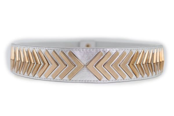 Brand New Women Silver Faux Leather Elastic Band Fashion Tie Belt Gold Metal Arrows S M