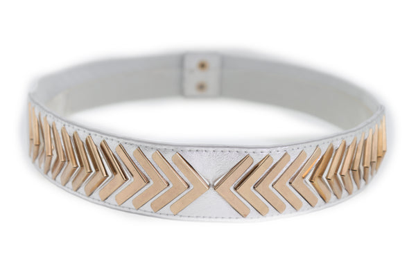 Brand New Women Silver Faux Leather Elastic Band Fashion Tie Belt Gold Metal Arrows S M