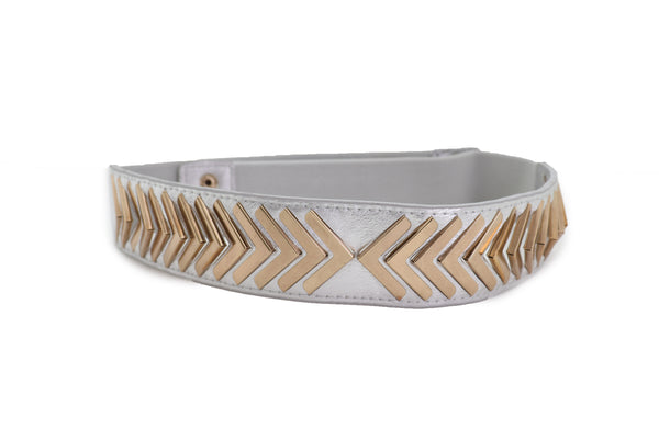 Brand New Women Silver Faux Leather Elastic Band Fashion Tie Belt Gold Metal Arrows S M