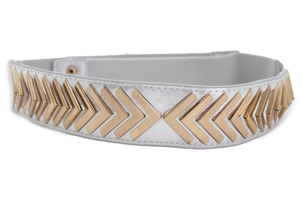 Brand New Women Silver Faux Leather Elastic Band Fashion Tie Belt Gold Metal Arrows S M