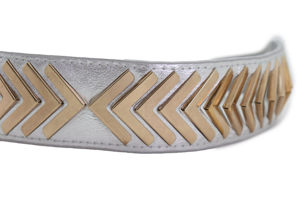 Brand New Women Silver Faux Leather Elastic Band Fashion Tie Belt Gold Metal Arrows S M