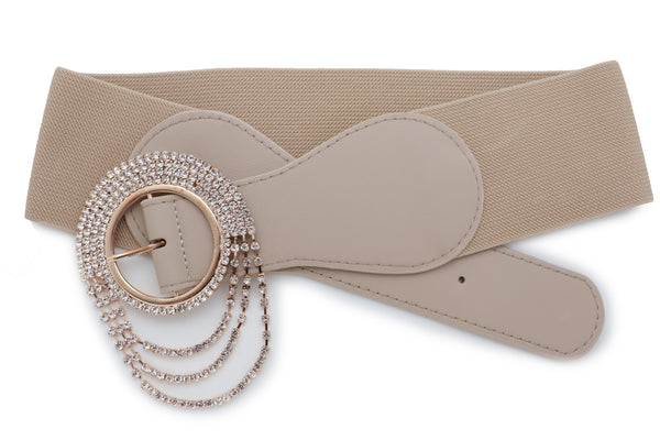 Brand New Women Elastic Beige Fancy Fashion Wide Hip High Waist Belt Gold Round Buckle S M