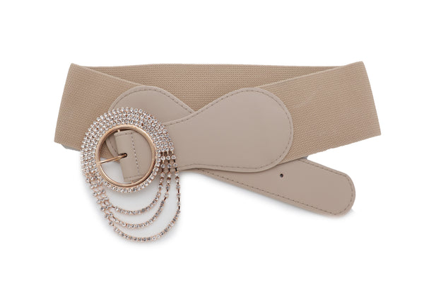 Brand New Women Elastic Beige Fancy Fashion Wide Hip High Waist Belt Gold Round Buckle S M
