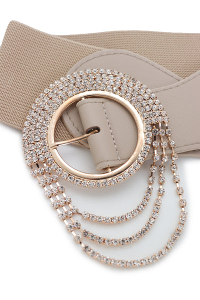 Brand New Women Elastic Beige Fancy Fashion Wide Hip High Waist Belt Gold Round Buckle S M