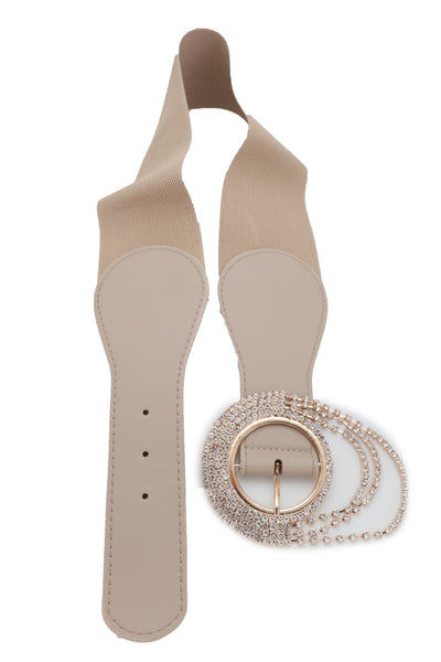 Brand New Women Elastic Beige Fancy Fashion Wide Hip High Waist Belt Gold Round Buckle S M