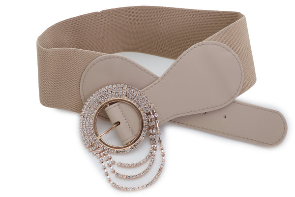 Brand New Women Elastic Beige Fancy Fashion Wide Hip High Waist Belt Gold Round Buckle S M