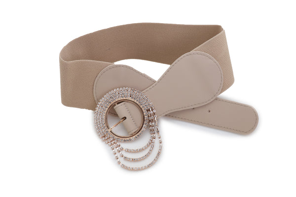 Brand New Women Elastic Beige Fancy Fashion Wide Hip High Waist Belt Gold Round Buckle S M