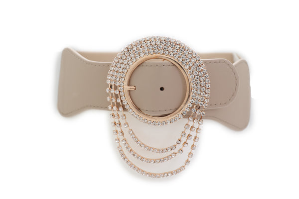 Brand New Women Elastic Beige Fancy Fashion Wide Hip High Waist Belt Gold Round Buckle S M