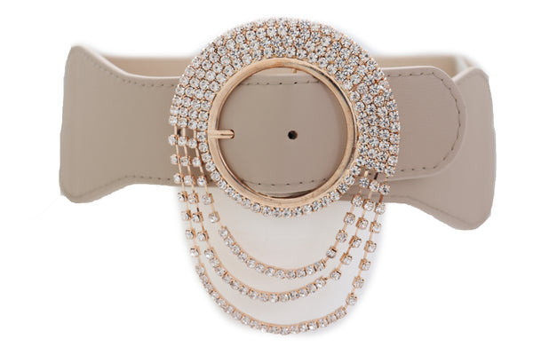 Brand New Women Elastic Beige Fancy Fashion Wide Hip High Waist Belt Gold Round Buckle S M