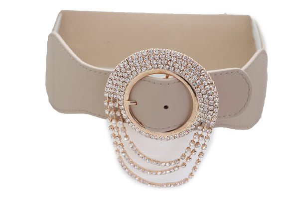 Brand New Women Elastic Beige Fancy Fashion Wide Hip High Waist Belt Gold Round Buckle S M